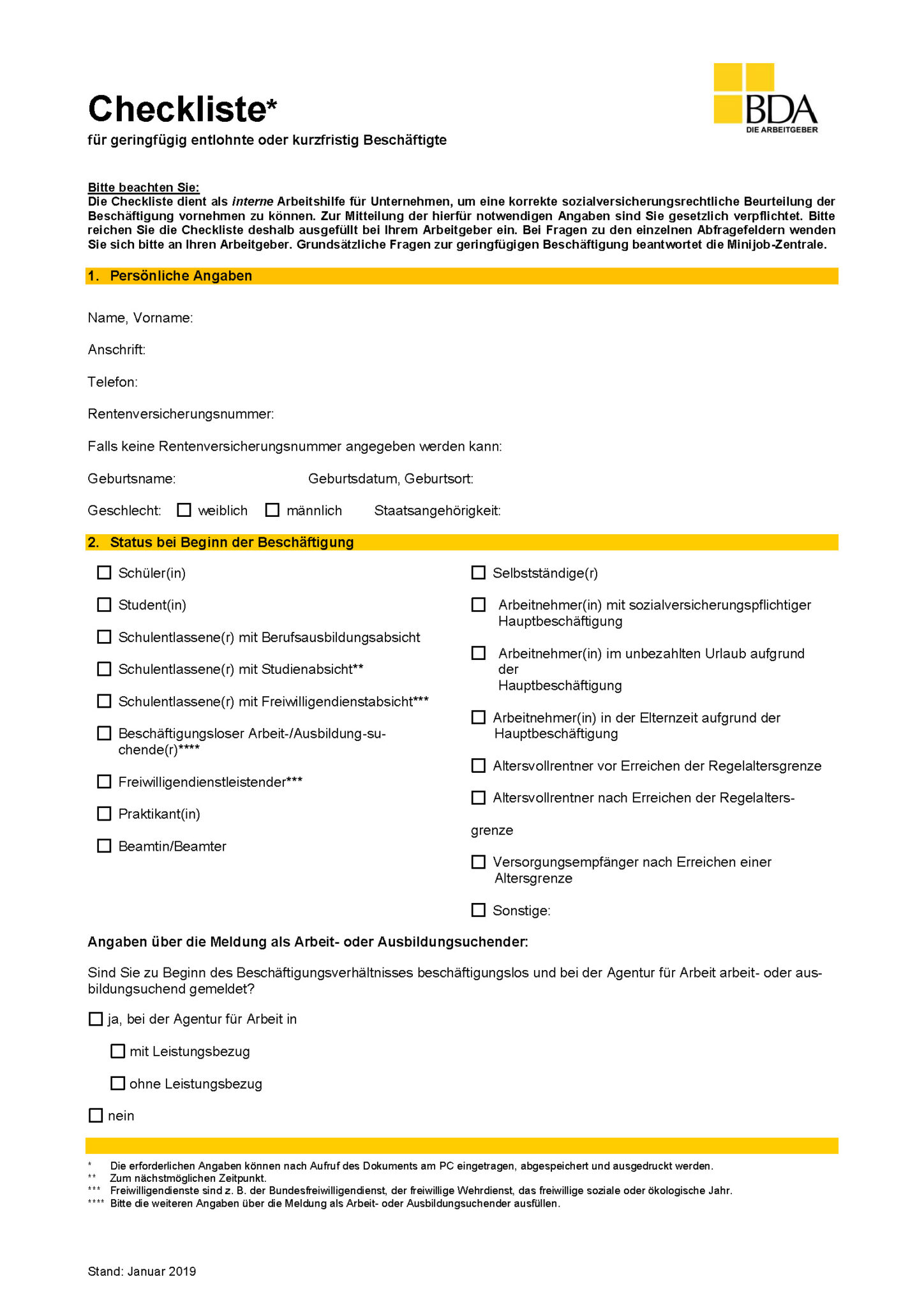 Checkliste Für Geringfügig Entlohnte Oder Kurzfristig Beschäftigte Bda Download - Büroservice Sabine Mehler
